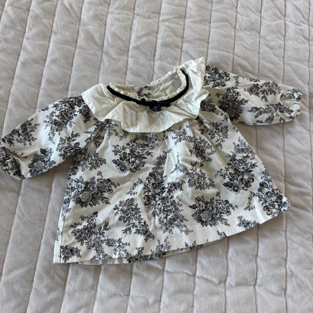JANIE JACK BLACK white girls Floral Toile puff sleeve blouse top size 6-12M - Picture 1 of 5